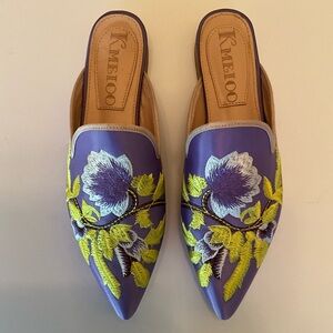 Lilac Floral Embroidered Satin Mules Pointed Toe Flats Sz 9